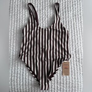 Faherty Kids One-Piece Swimsuit in Brown and White Stripes